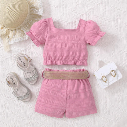 Kids Textured Bow Detail Top and Belted Shorts Set - KevRow5760