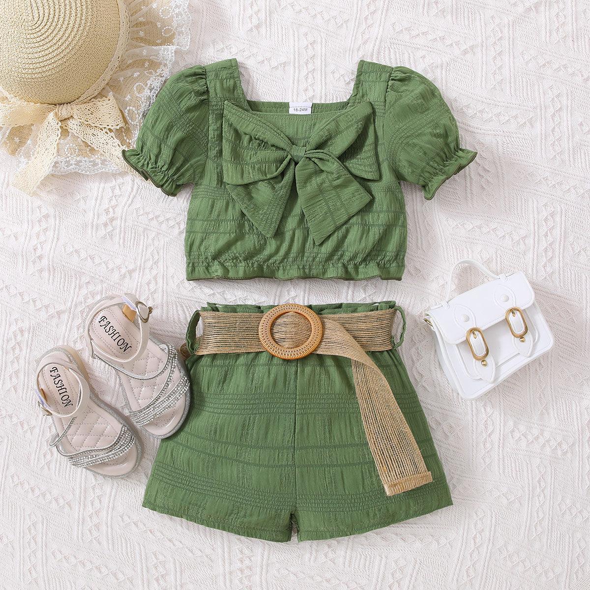 Kids Textured Bow Detail Top and Belted Shorts Set - KevRow5760