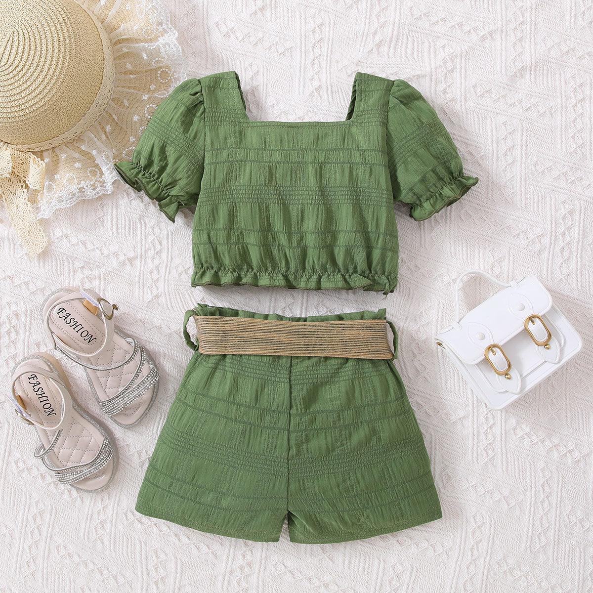 Kids Textured Bow Detail Top and Belted Shorts Set - KevRow5760