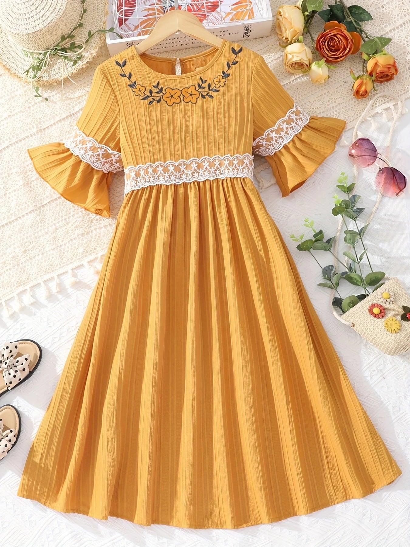 Lace Waistband Embroidery Round Neck Flounce Sleeve Dress - KevRow5760