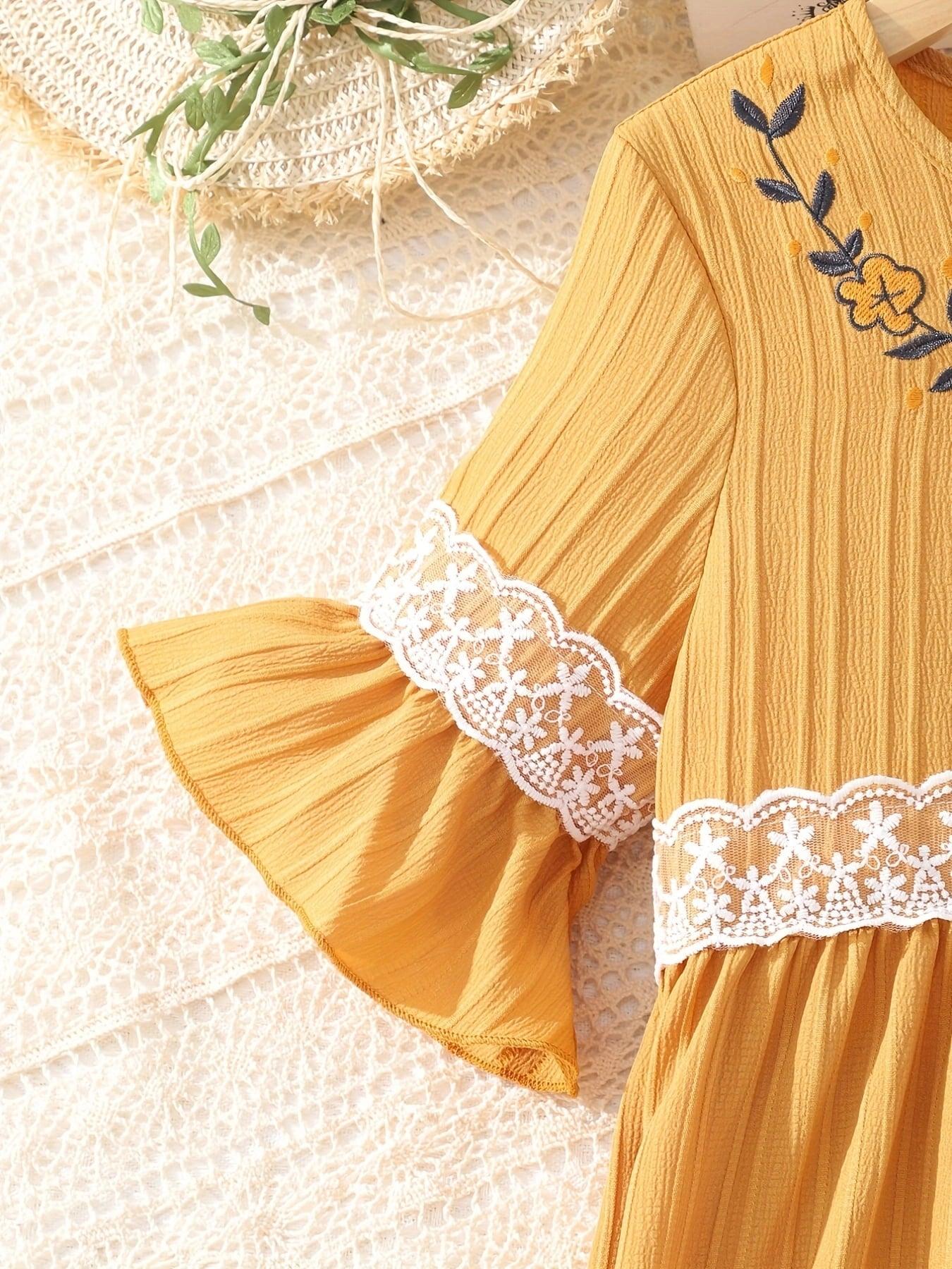 Lace Waistband Embroidery Round Neck Flounce Sleeve Dress - KevRow5760