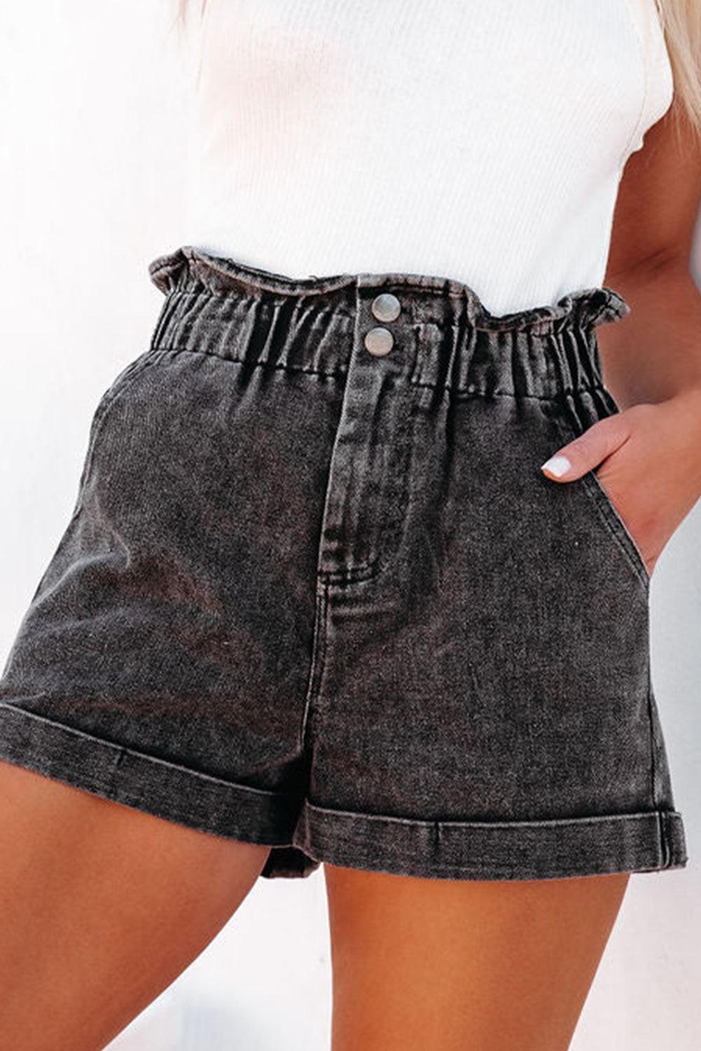 Paperbag Waist Denim Shorts with Pockets - KevRow5760