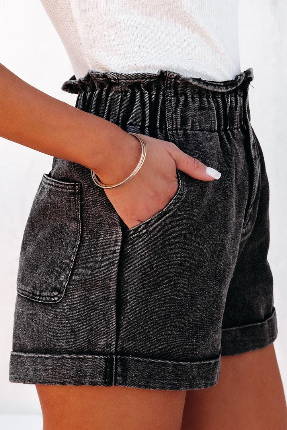 Paperbag Waist Denim Shorts with Pockets - KevRow5760