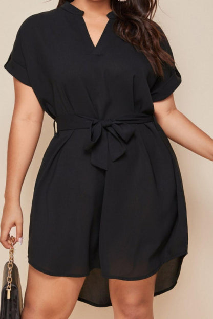 Plus Size Notched Tie Waist Mini Dress - KevRow5760