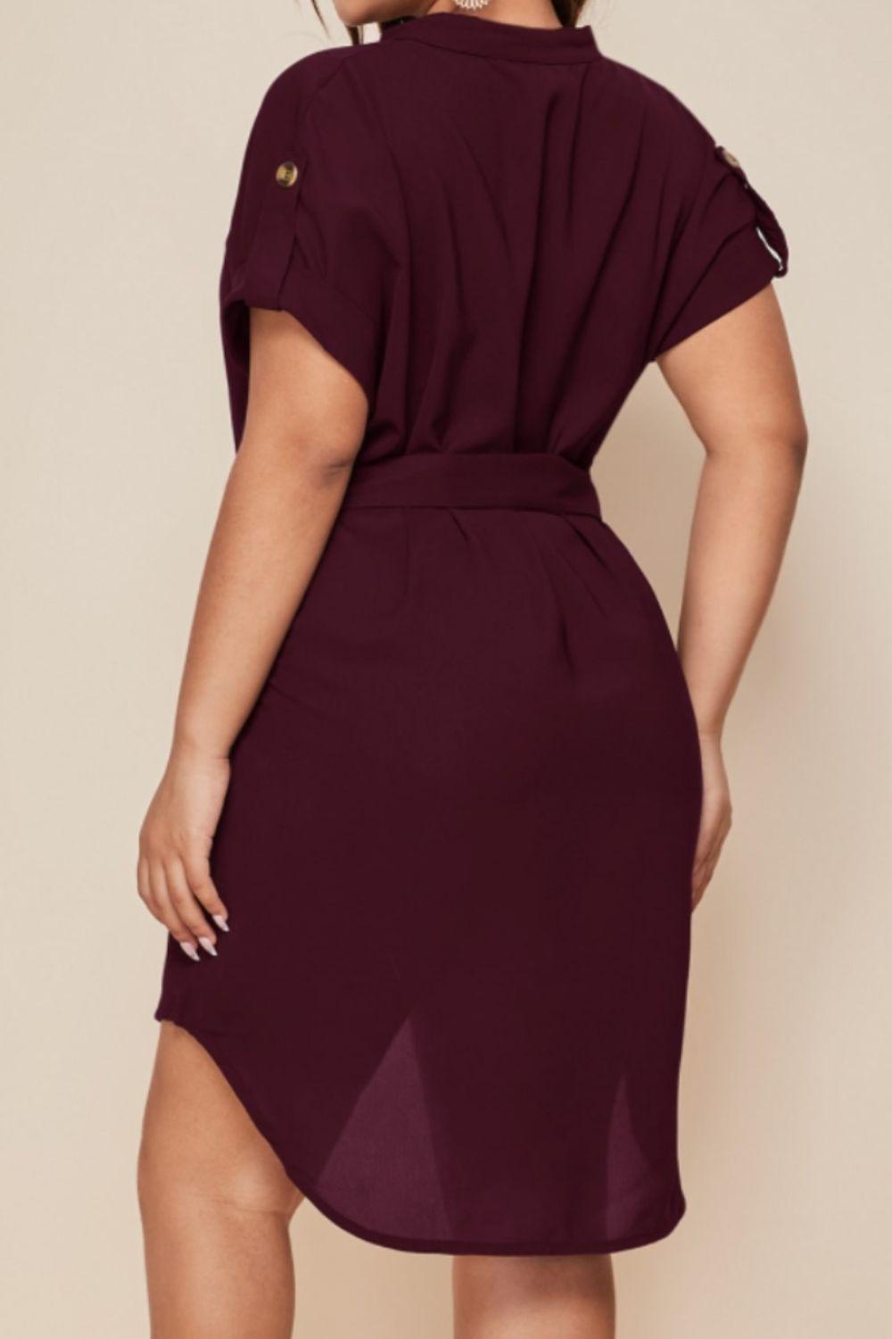 Plus Size Notched Tie Waist Mini Dress - KevRow5760