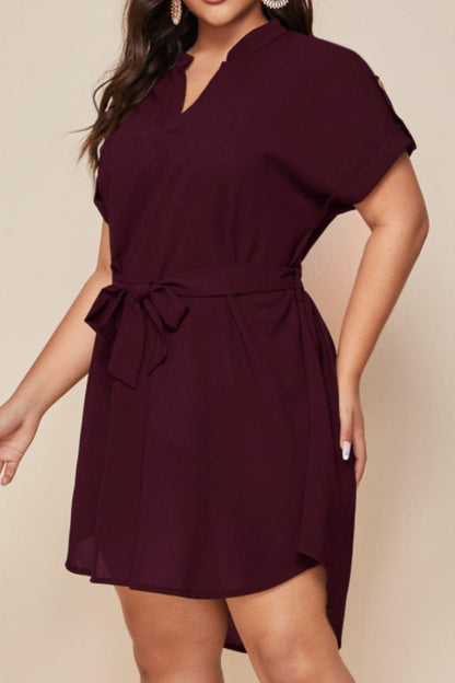 Plus Size Notched Tie Waist Mini Dress - KevRow5760