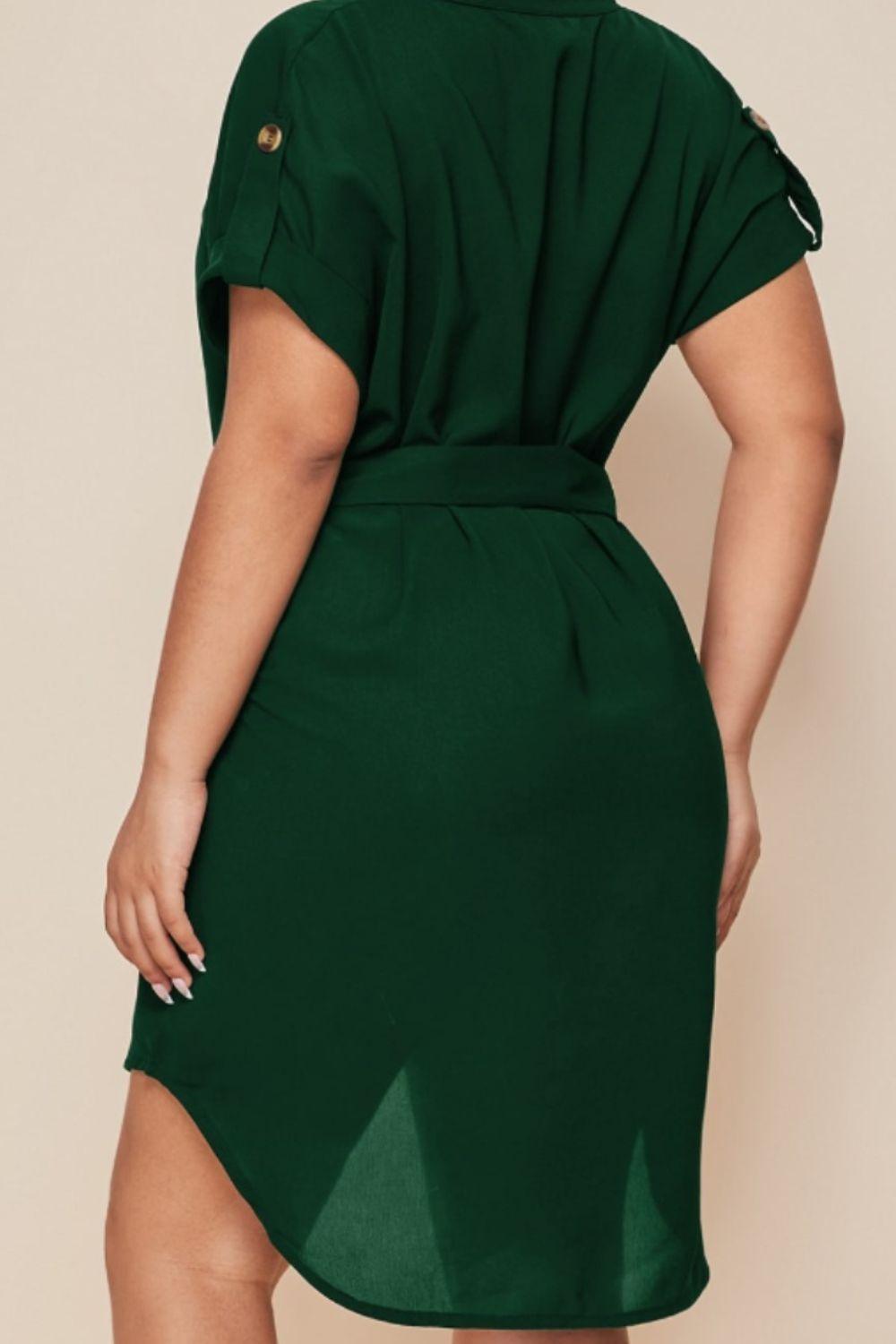 Plus Size Notched Tie Waist Mini Dress - KevRow5760