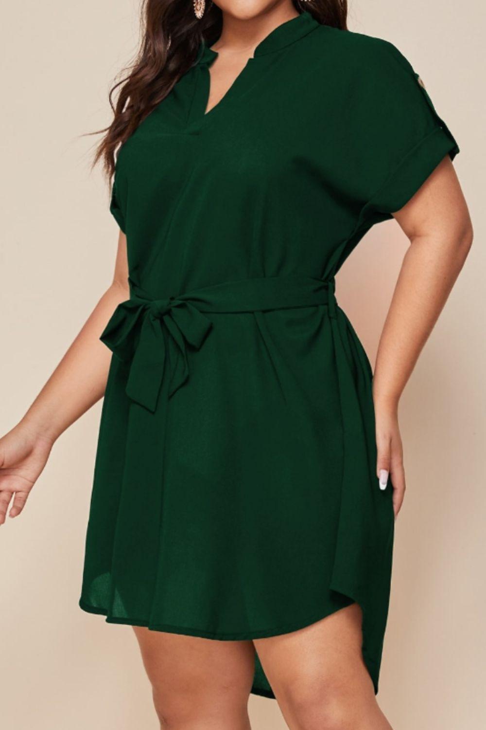 Plus Size Notched Tie Waist Mini Dress - KevRow5760