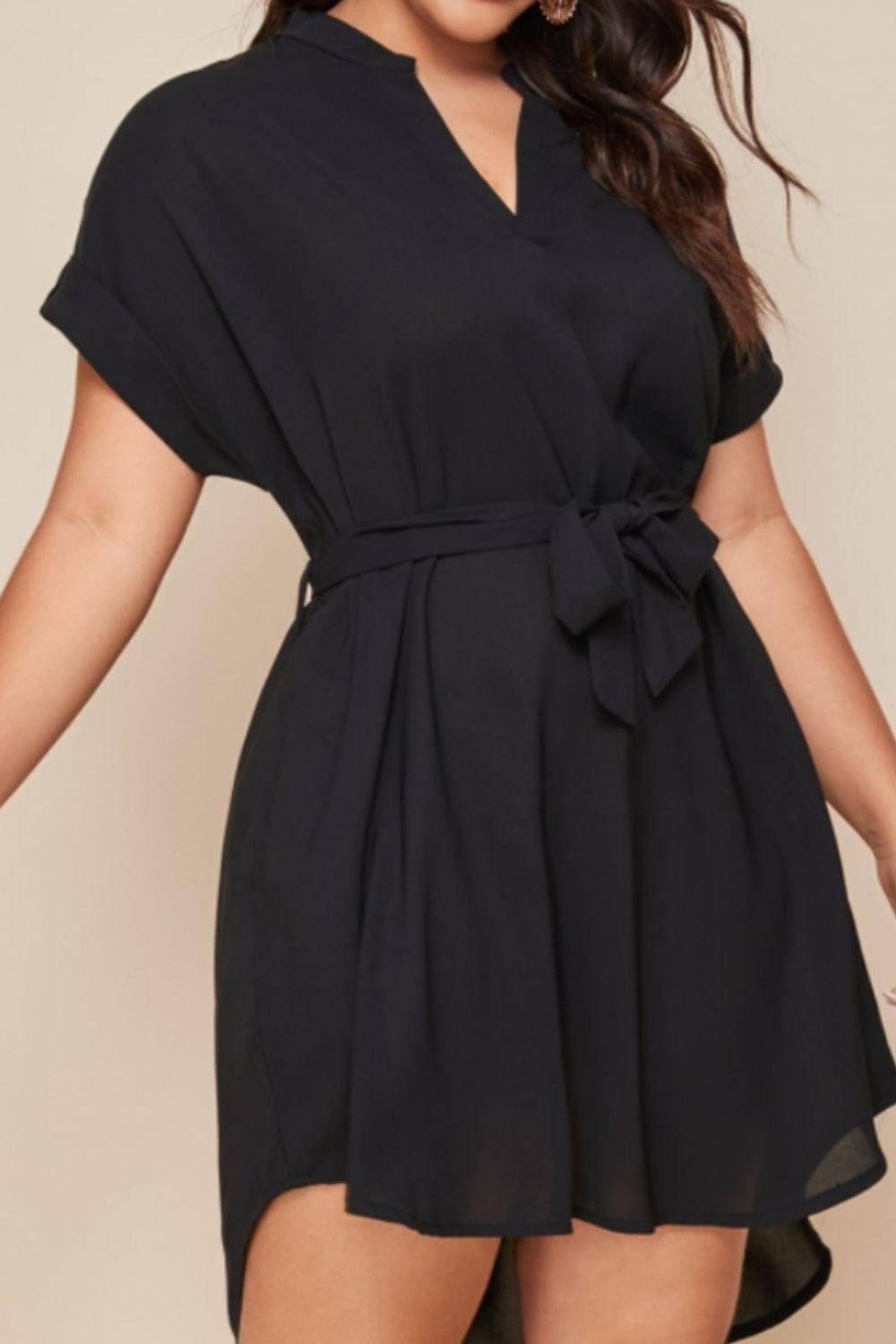 Plus Size Notched Tie Waist Mini Dress - KevRow5760