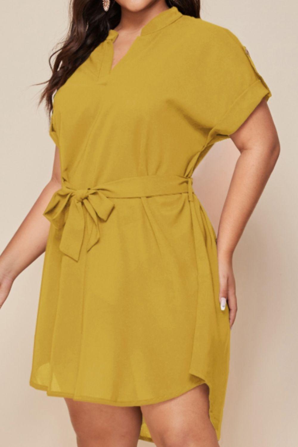 Plus Size Notched Tie Waist Mini Dress - KevRow5760