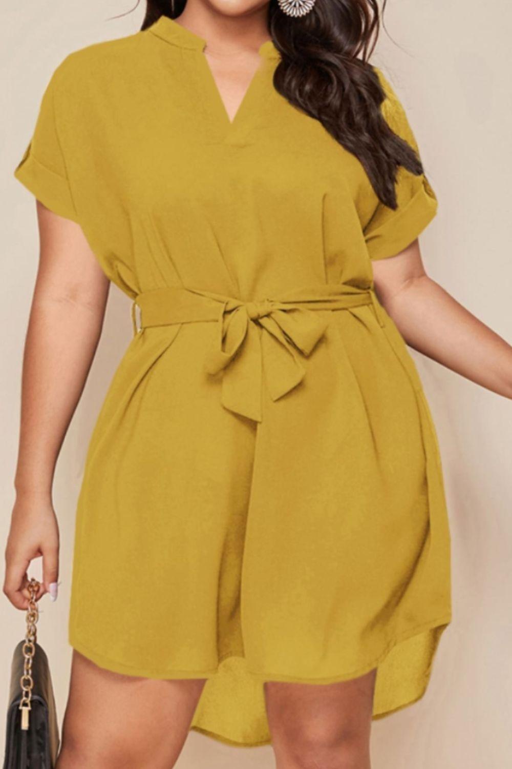 Plus Size Notched Tie Waist Mini Dress - KevRow5760