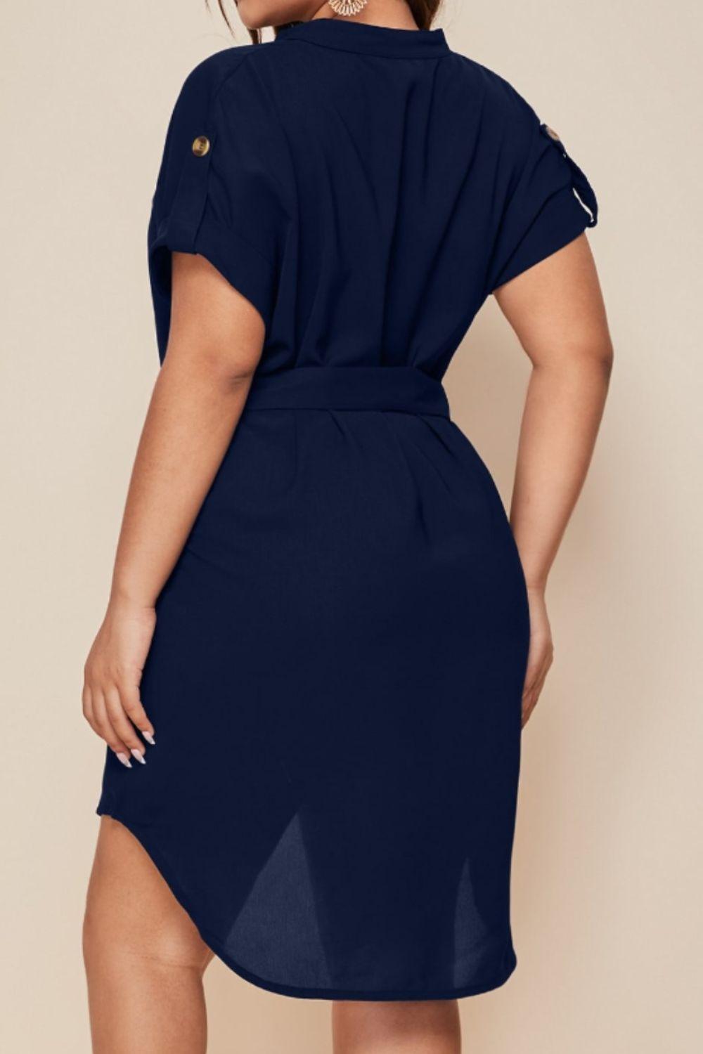 Plus Size Notched Tie Waist Mini Dress - KevRow5760