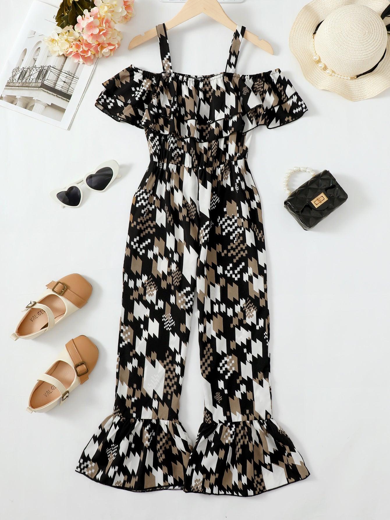 Printed Cold-Shoulder Flare Leg Jumpsuit - KevRow5760