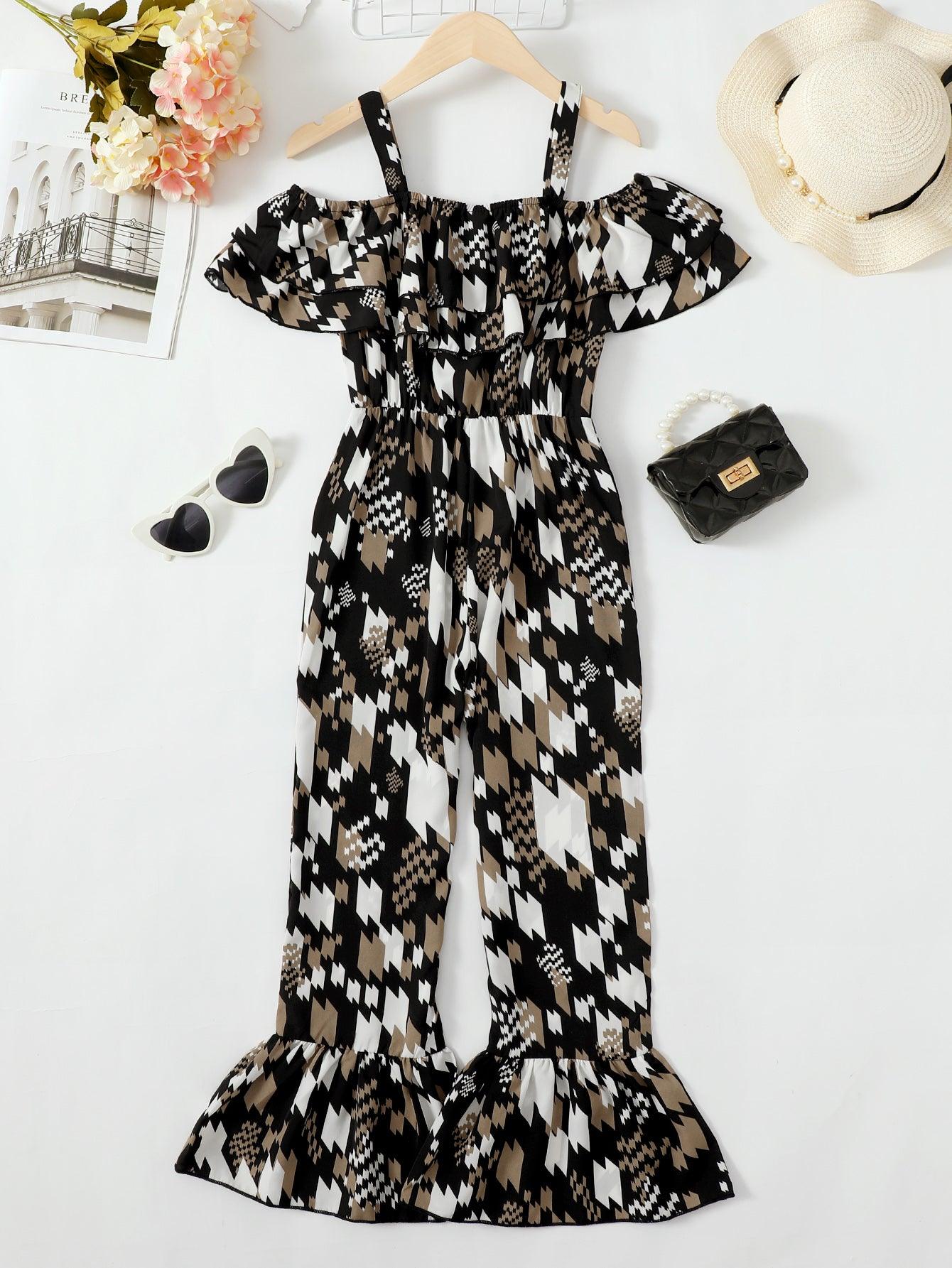 Printed Cold-Shoulder Flare Leg Jumpsuit - KevRow5760