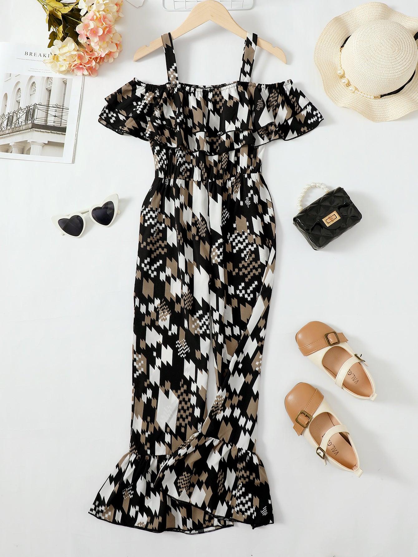 Printed Cold-Shoulder Flare Leg Jumpsuit - KevRow5760