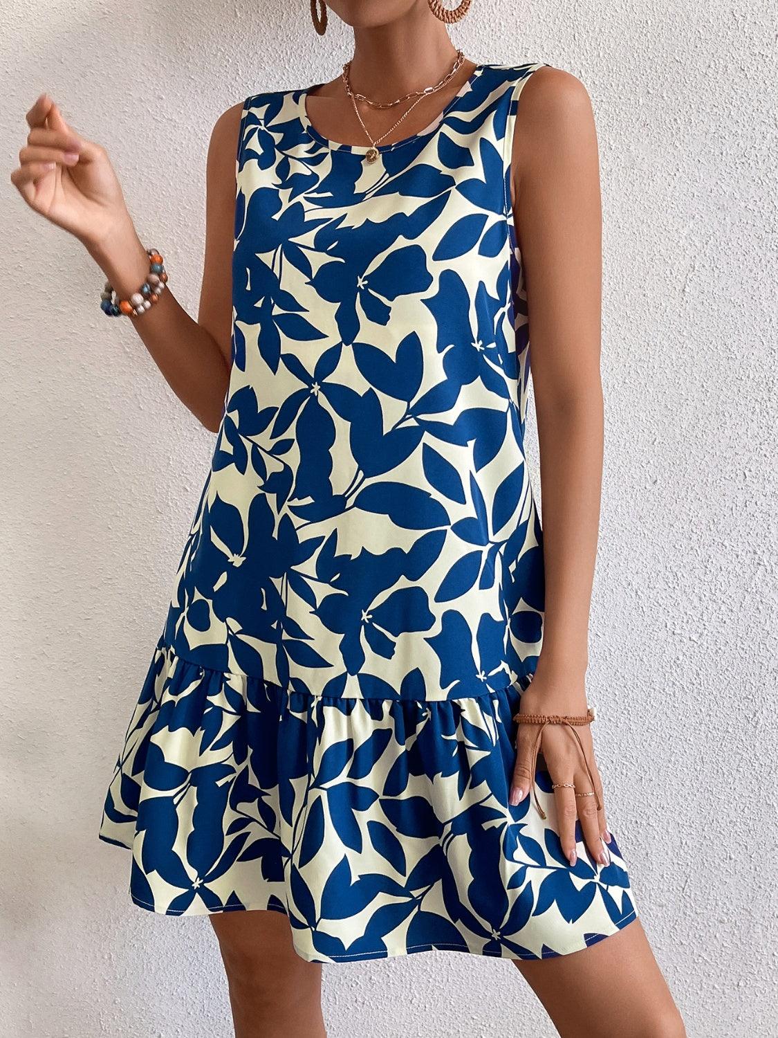 Printed Round Neck Ruffle Hem Dress - KevRow5760