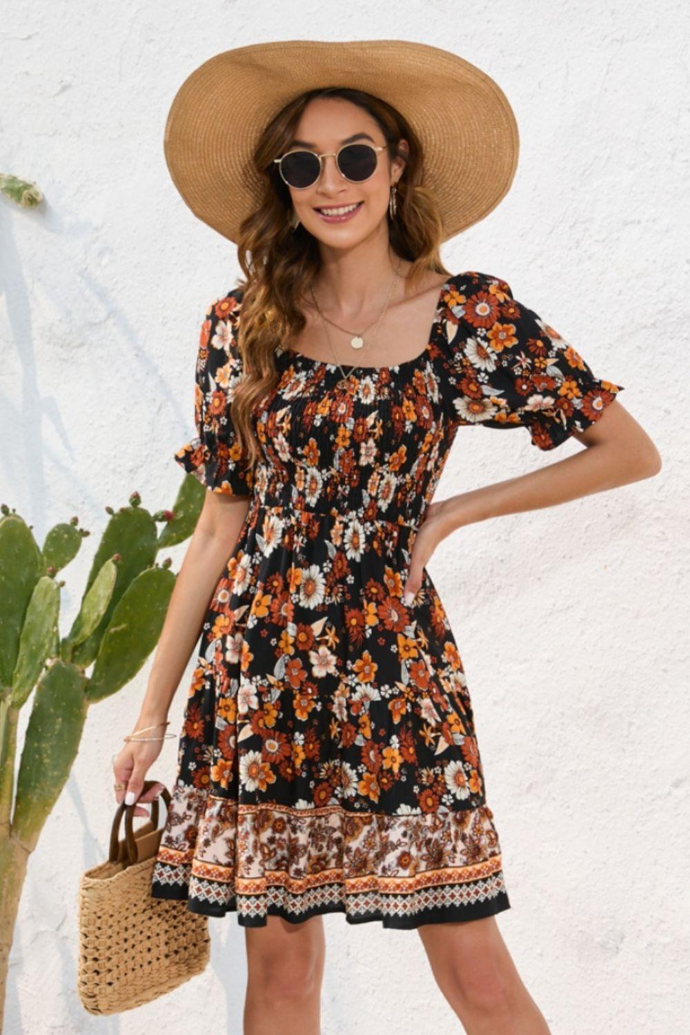 Printed Square Neck Short Sleeve Dress - KevRow5760