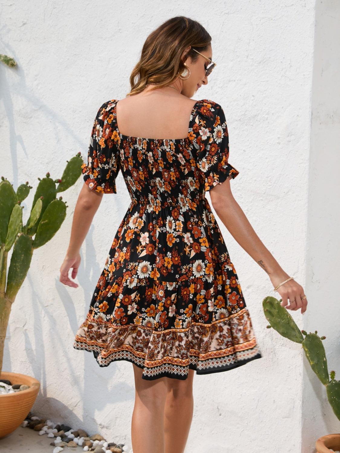 Printed Square Neck Short Sleeve Dress - KevRow5760