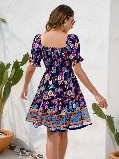 Printed Square Neck Short Sleeve Dress - KevRow5760