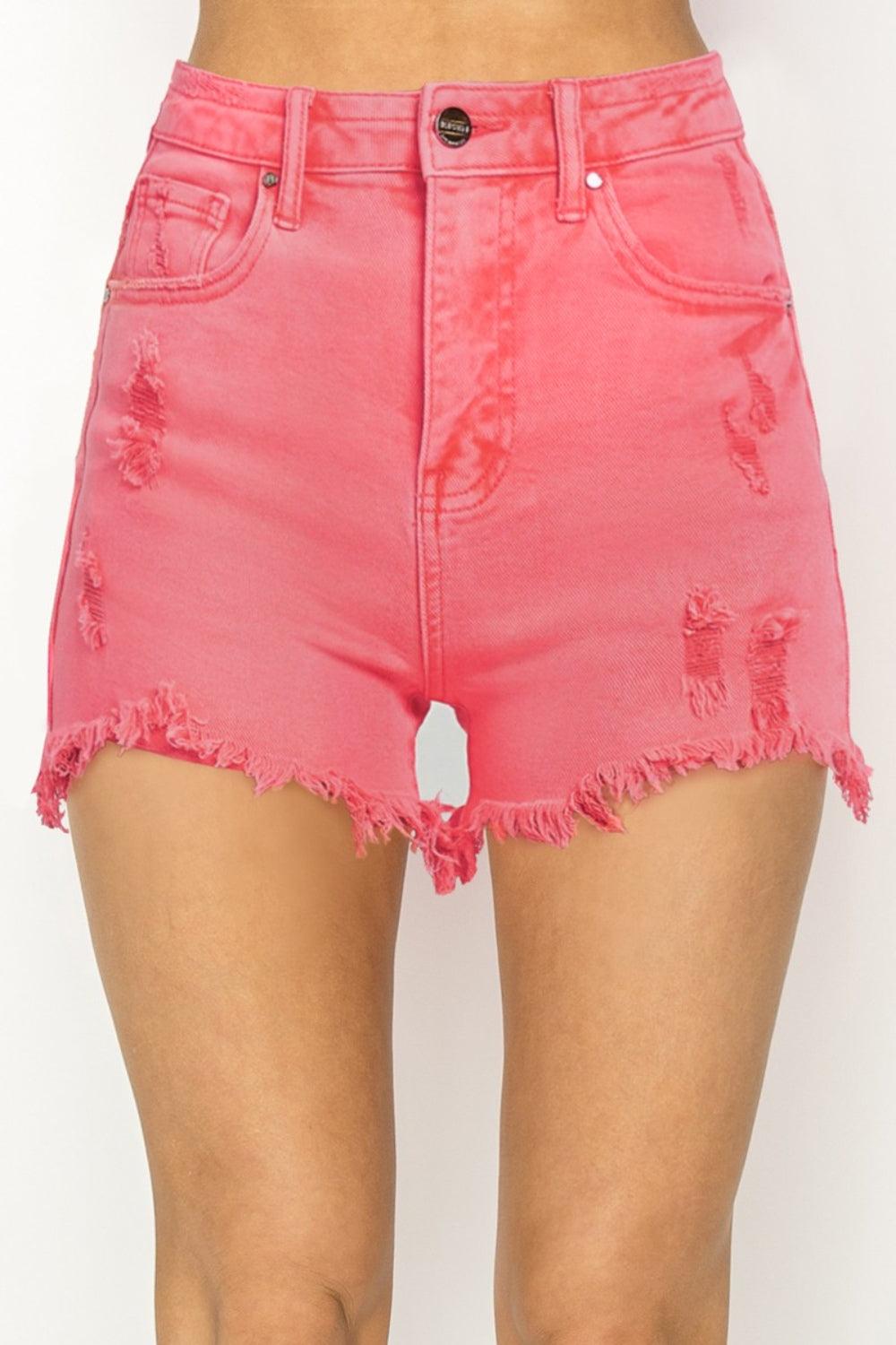 RISEN High Waist Frayed Hem Denim Shorts - KevRow5760