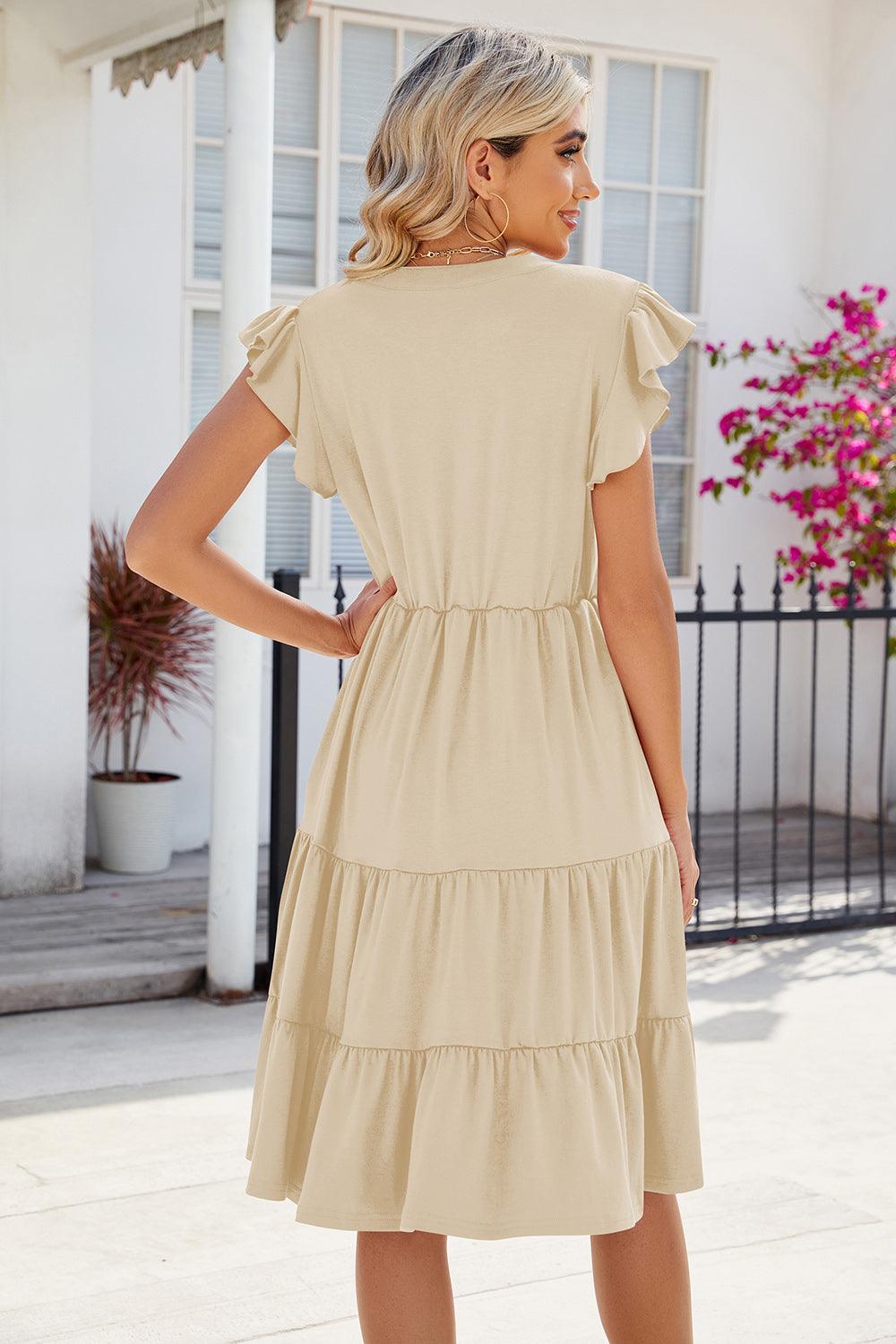 Ruched Notched Cap Sleeve Dress - KevRow5760