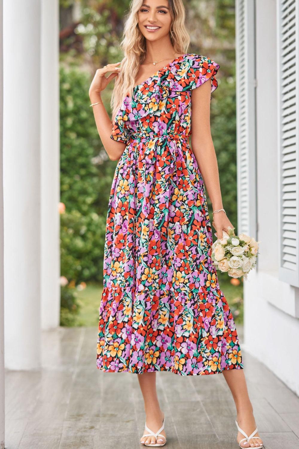 Ruffled Floral One Shoulder Dress - KevRow5760