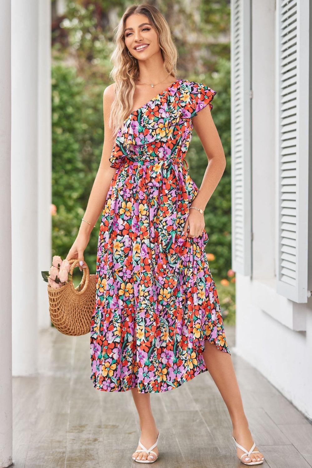 Ruffled Floral One Shoulder Dress - KevRow5760