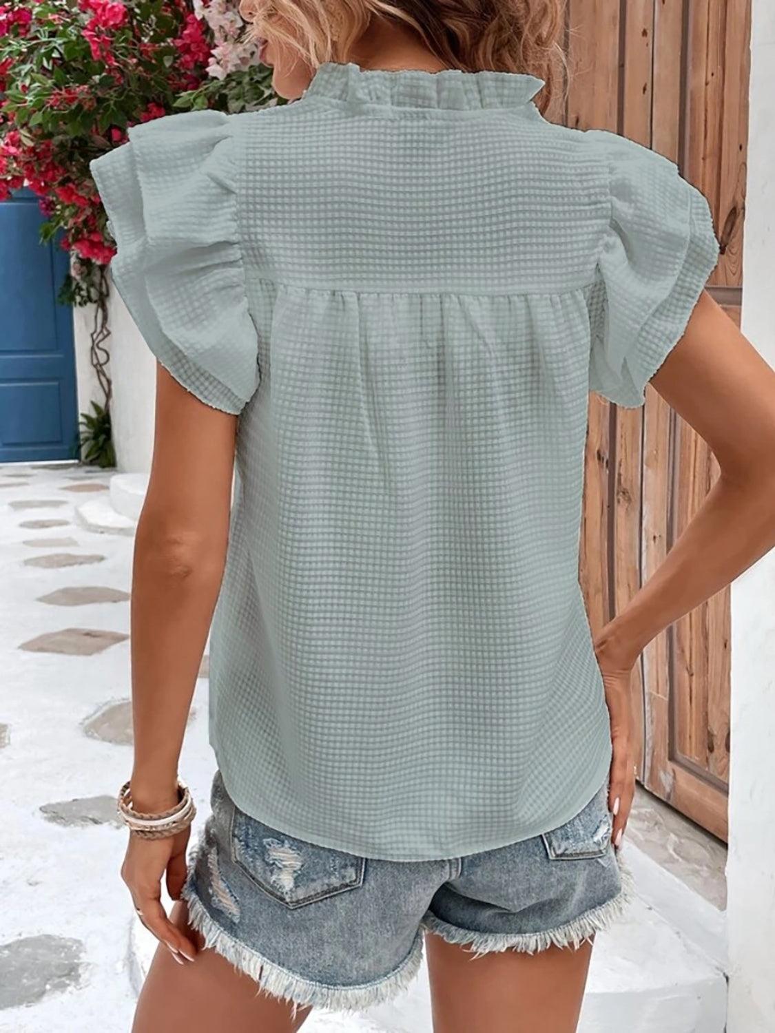 Ruffled Notched Cap Sleeve Blouse - KevRow5760