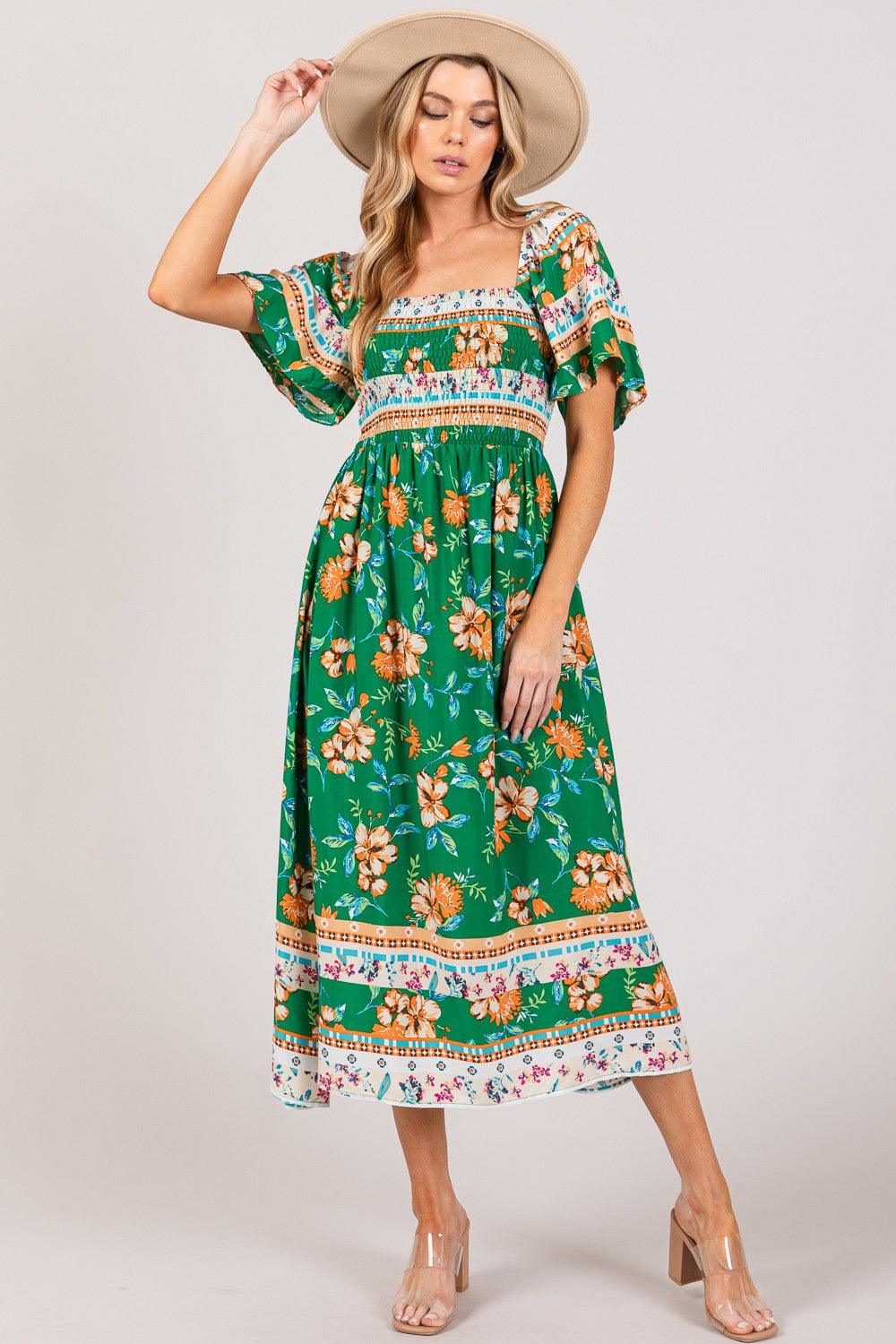 SAGE + FIG Printed Smocked Short Sleeve Midi Dress - KevRow5760