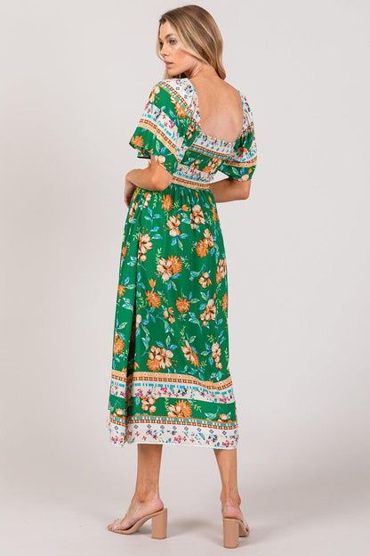 SAGE + FIG Printed Smocked Short Sleeve Midi Dress - KevRow5760