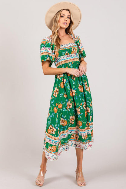 SAGE + FIG Printed Smocked Short Sleeve Midi Dress - KevRow5760