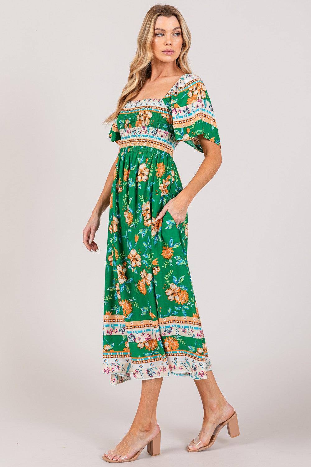 SAGE + FIG Printed Smocked Short Sleeve Midi Dress - KevRow5760