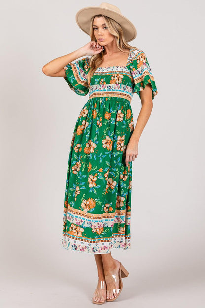 SAGE + FIG Printed Smocked Short Sleeve Midi Dress - KevRow5760