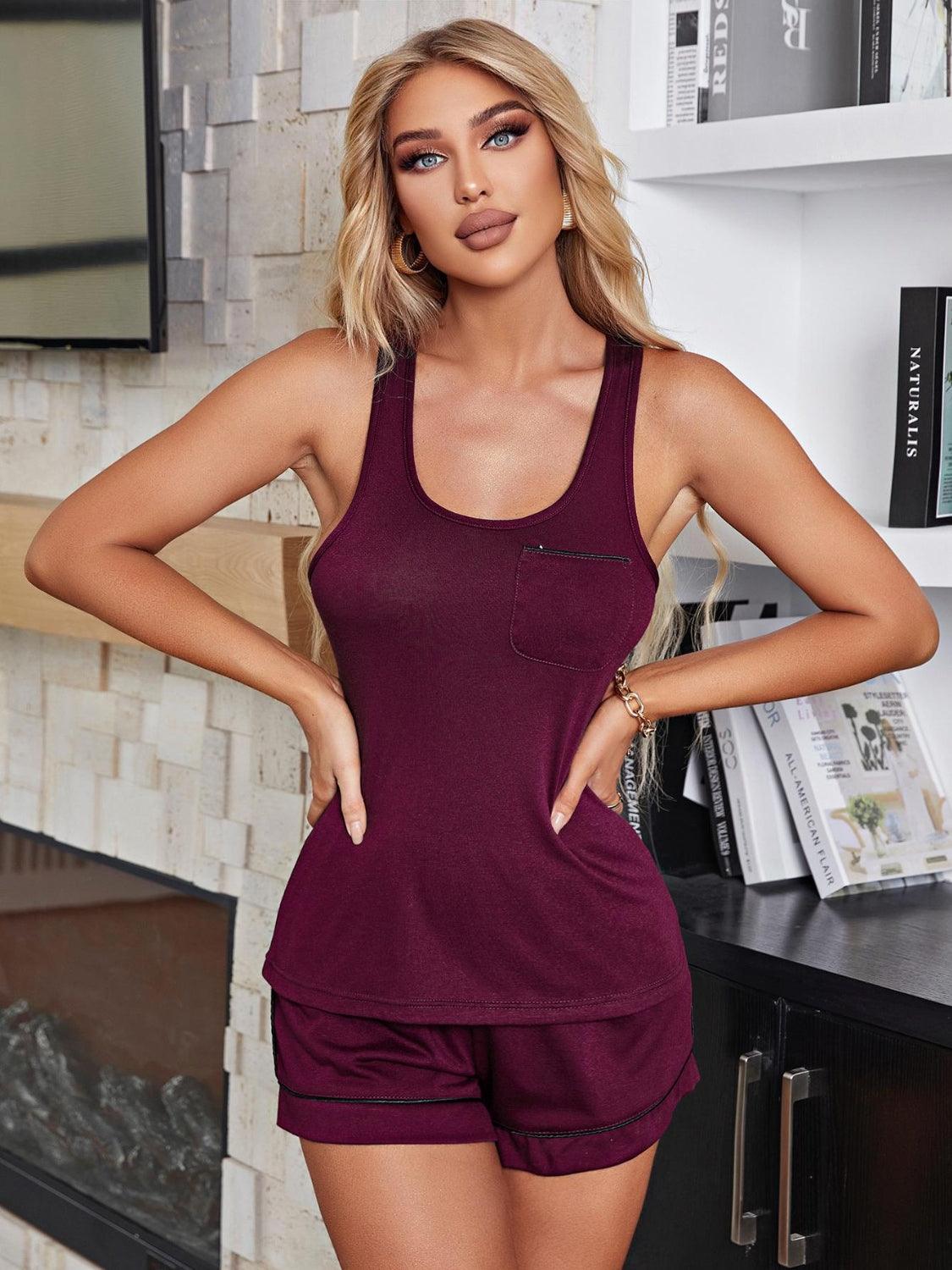 Scoop Neck Wide Strap Tank and Shorts Lounge Set - KevRow5760