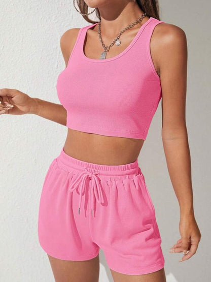 Scoop Neck Wide Strap Top and Drawstring Shorts Set - KevRow5760