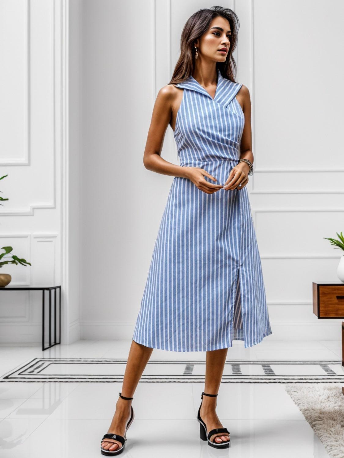 Slit Striped Sleeveless Midi Dress - KevRow5760