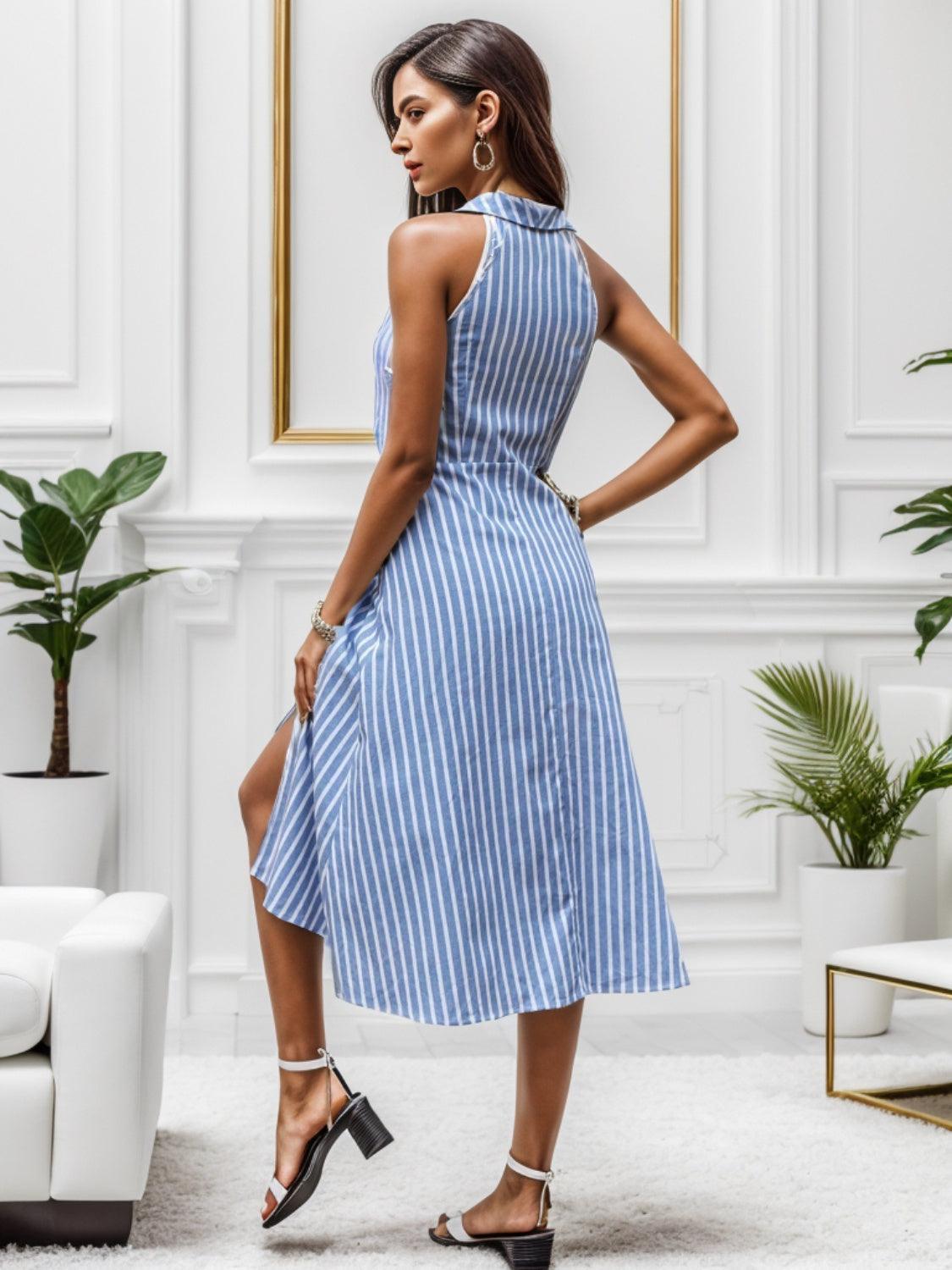 Slit Striped Sleeveless Midi Dress - KevRow5760