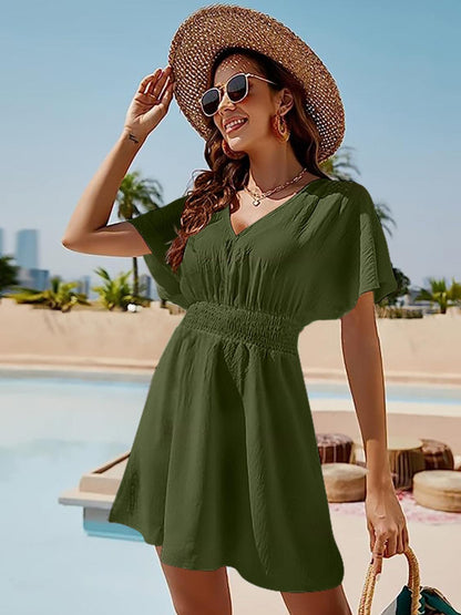 Smocked V-Neck Short Sleeve Dress - KevRow5760