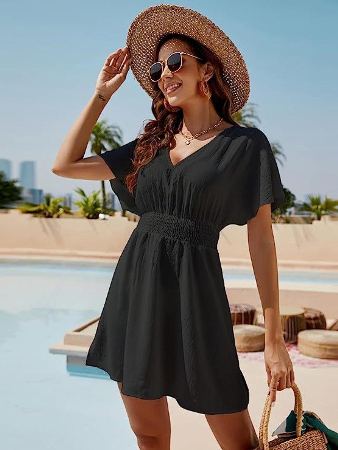 Smocked V-Neck Short Sleeve Dress - KevRow5760