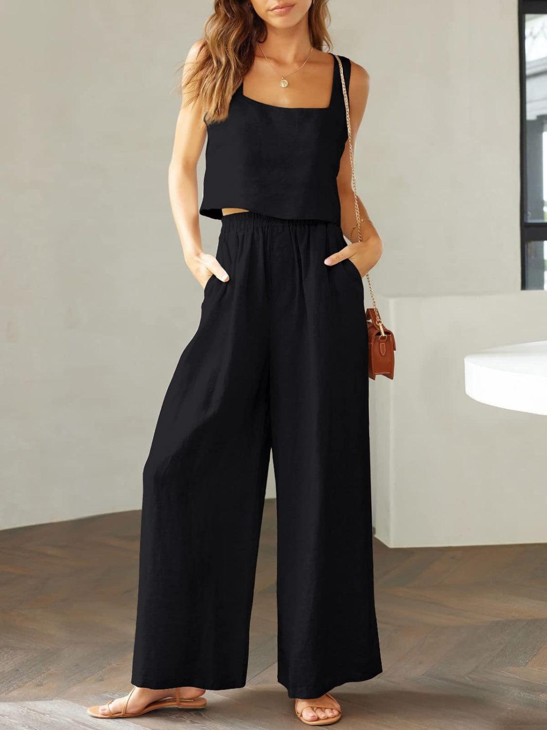 Square Neck Top and Wide Leg Pants Set - KevRow5760