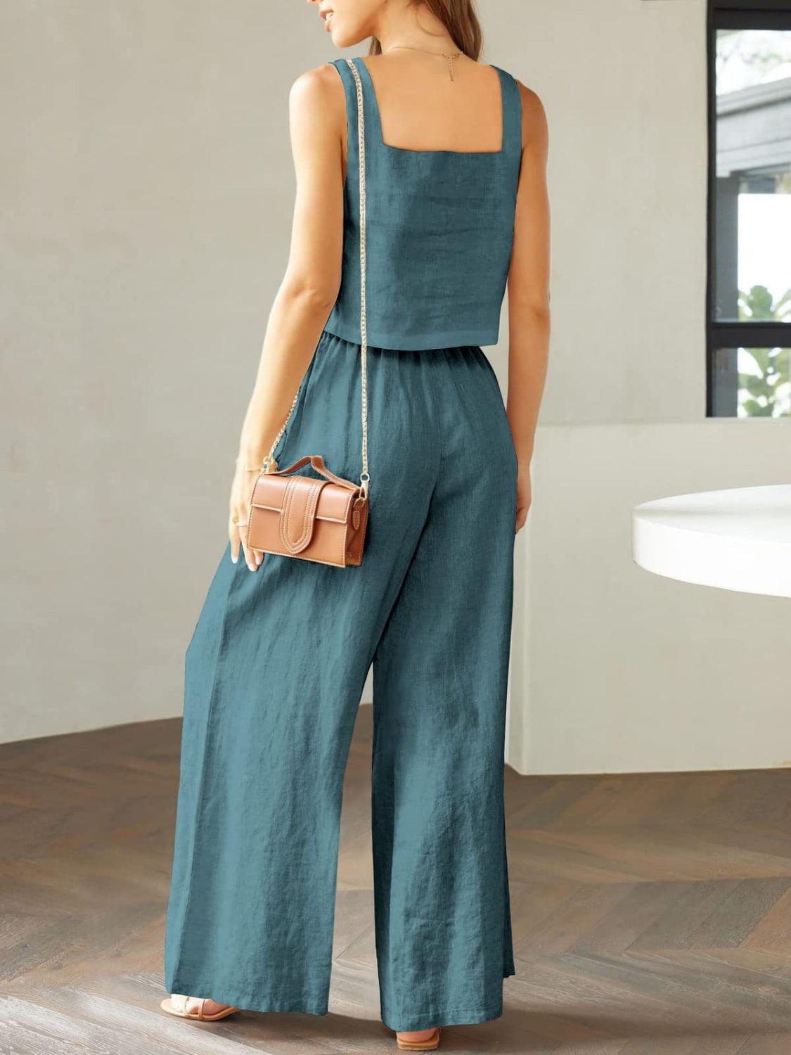 Square Neck Top and Wide Leg Pants Set - KevRow5760