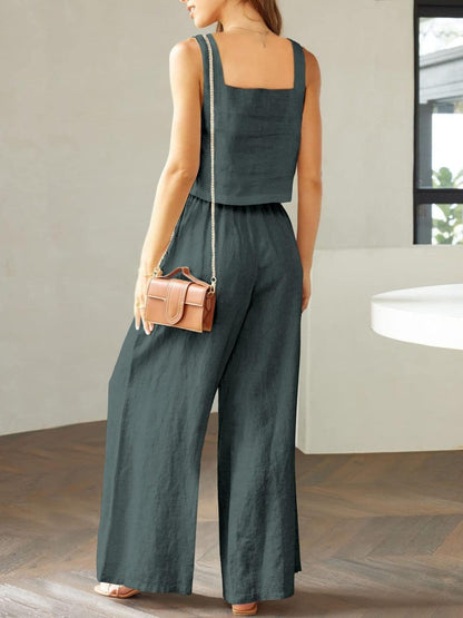 Square Neck Top and Wide Leg Pants Set - KevRow5760