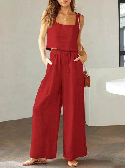 Square Neck Top and Wide Leg Pants Set - KevRow5760