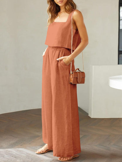 Square Neck Top and Wide Leg Pants Set - KevRow5760