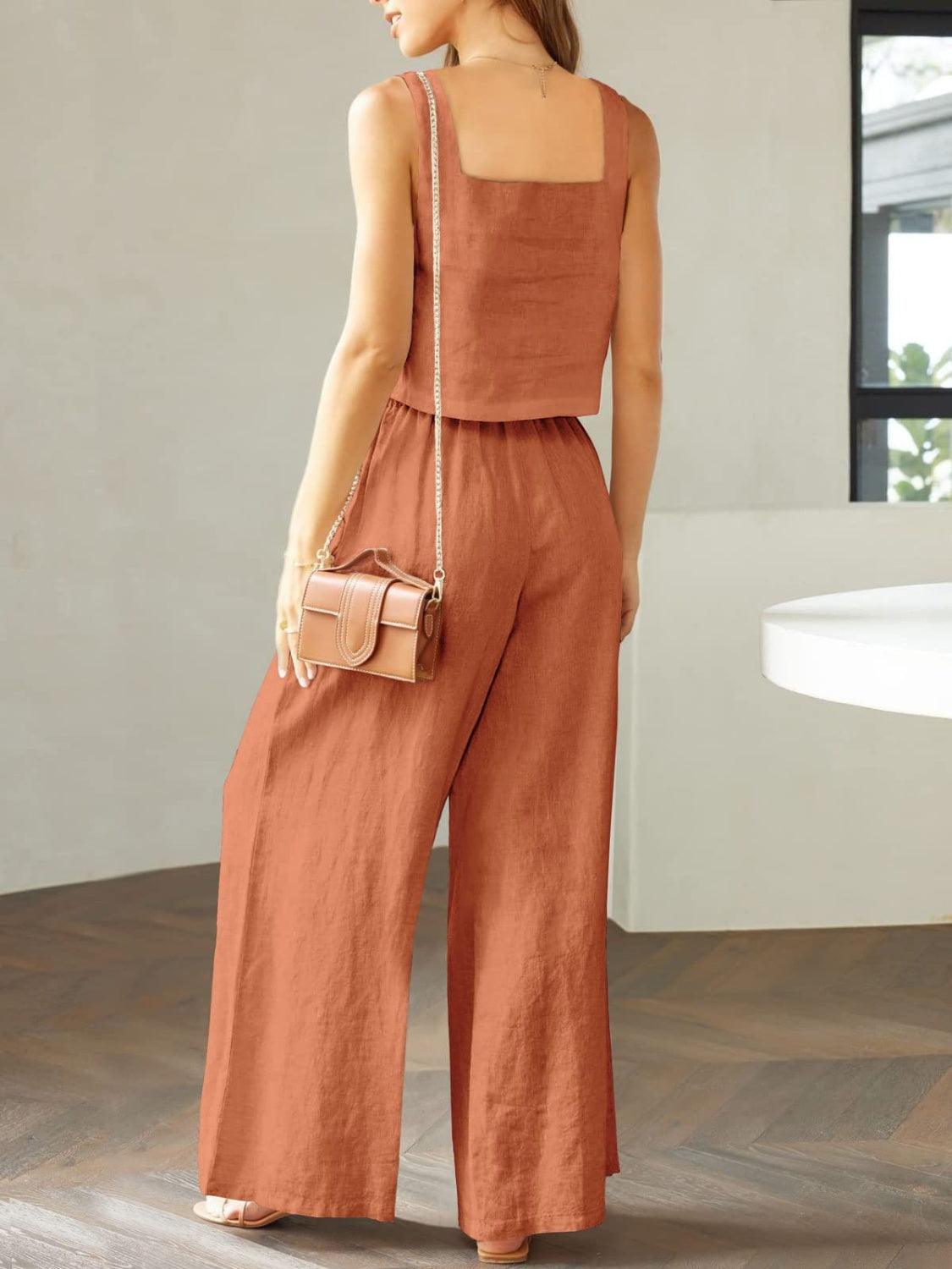 Square Neck Top and Wide Leg Pants Set - KevRow5760