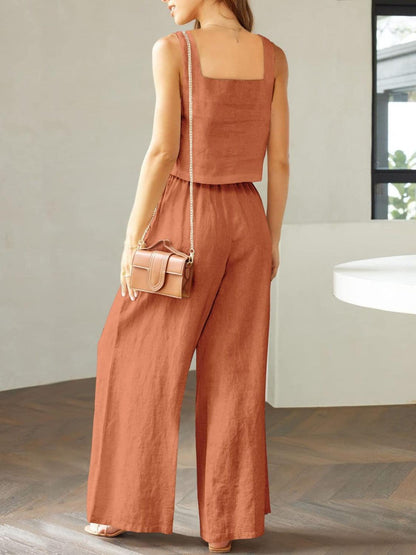 Square Neck Top and Wide Leg Pants Set - KevRow5760