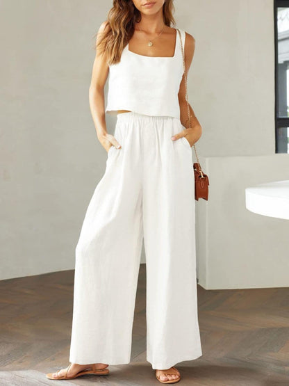 Square Neck Top and Wide Leg Pants Set - KevRow5760