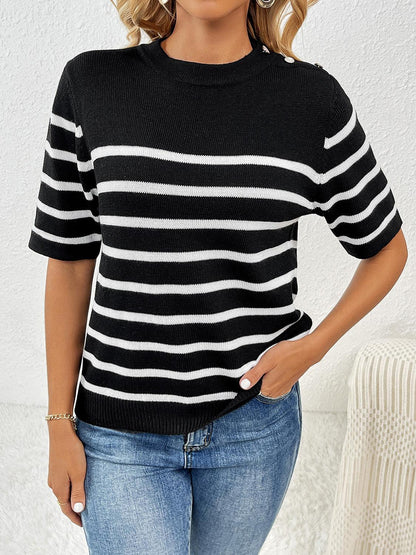 Striped Round Neck Half Sleeve Knit Top - KevRow5760