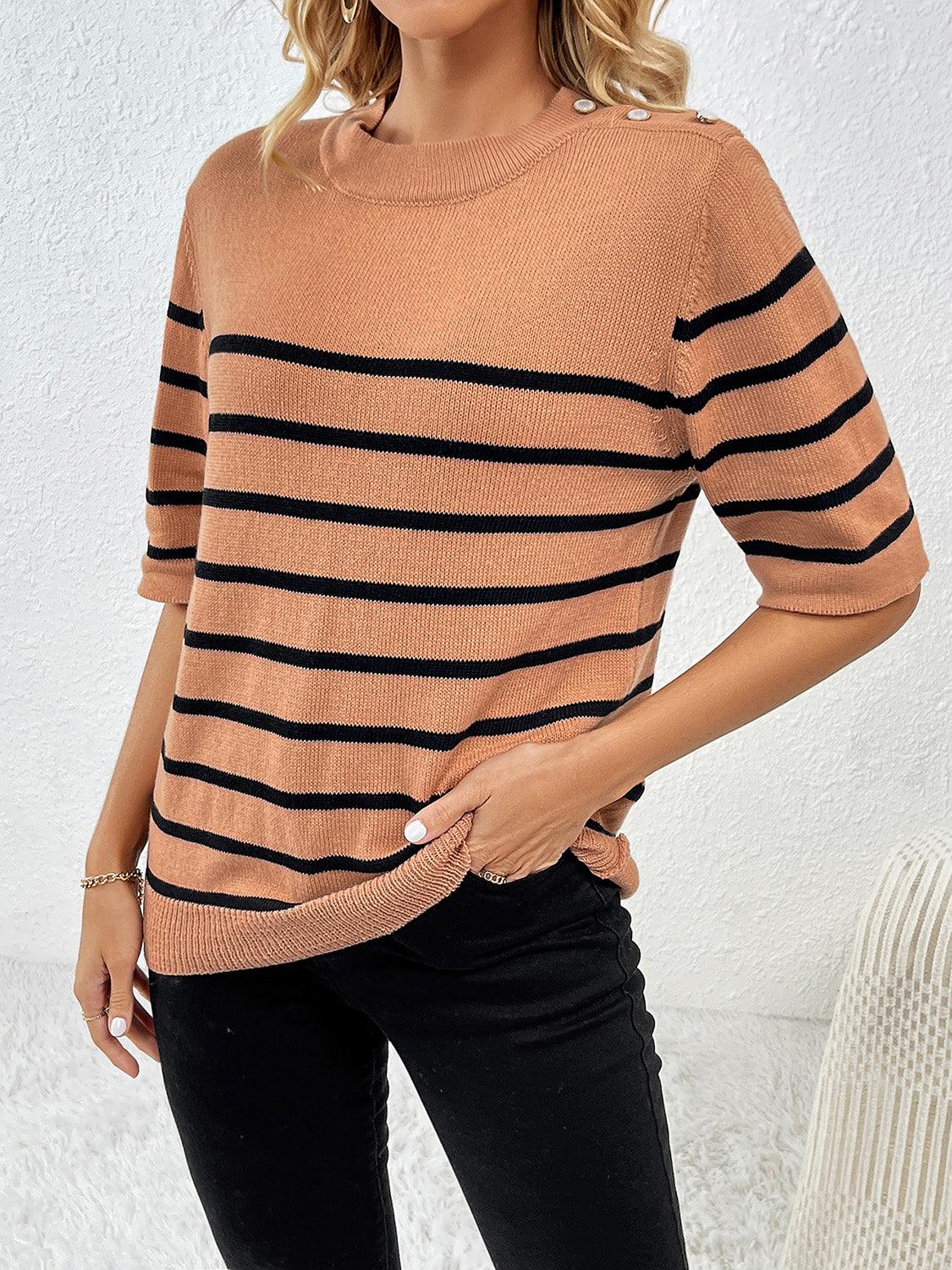 Striped Round Neck Half Sleeve Knit Top - KevRow5760