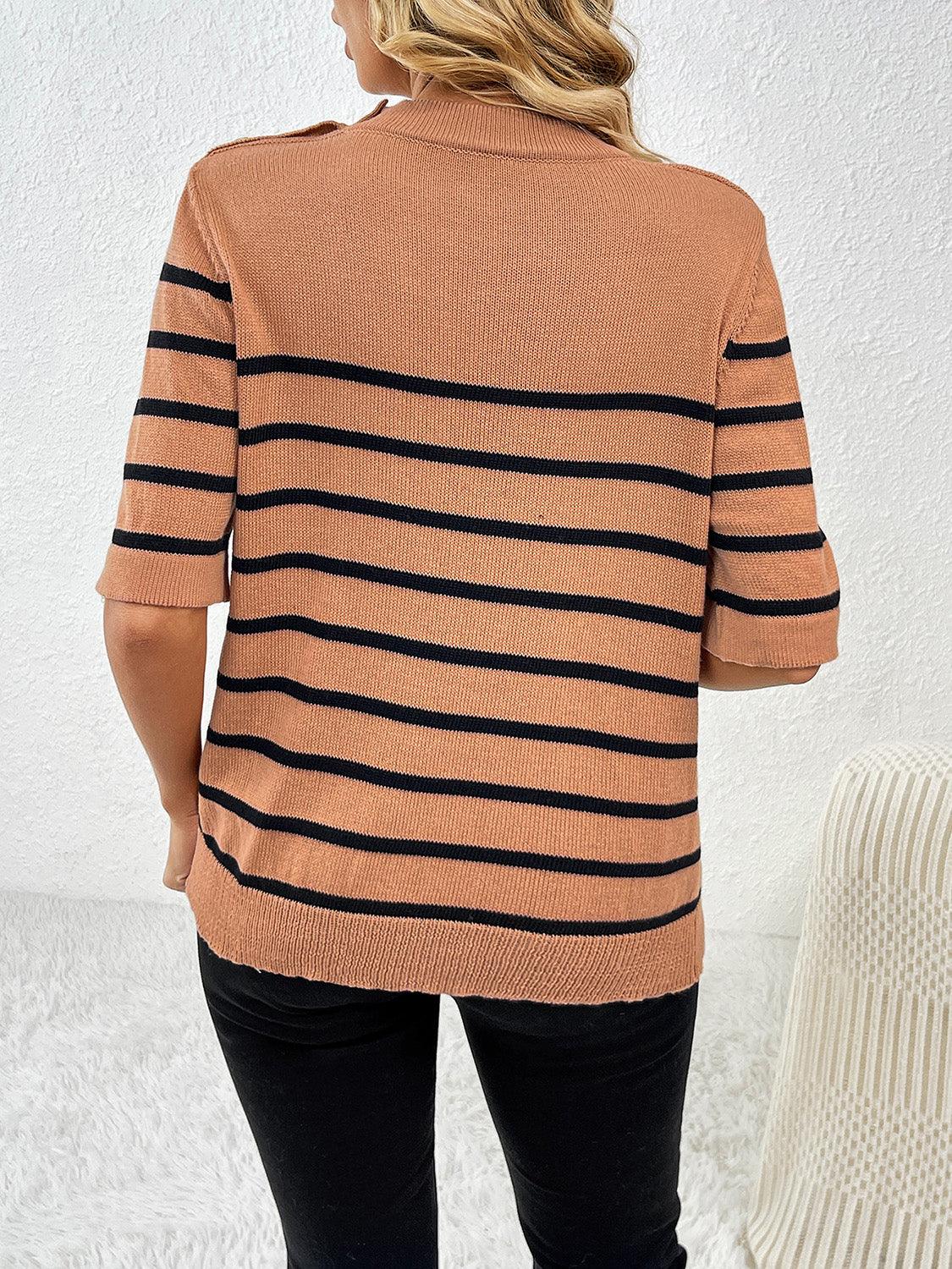 Striped Round Neck Half Sleeve Knit Top - KevRow5760